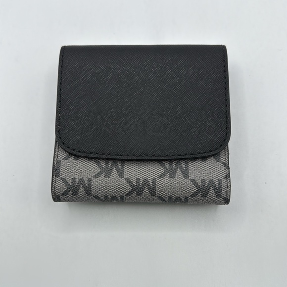 Michael Kors Bridgette Triflod Coin Case Wallet Black Gray Gold Logo Monogram - Picture 2 of 16